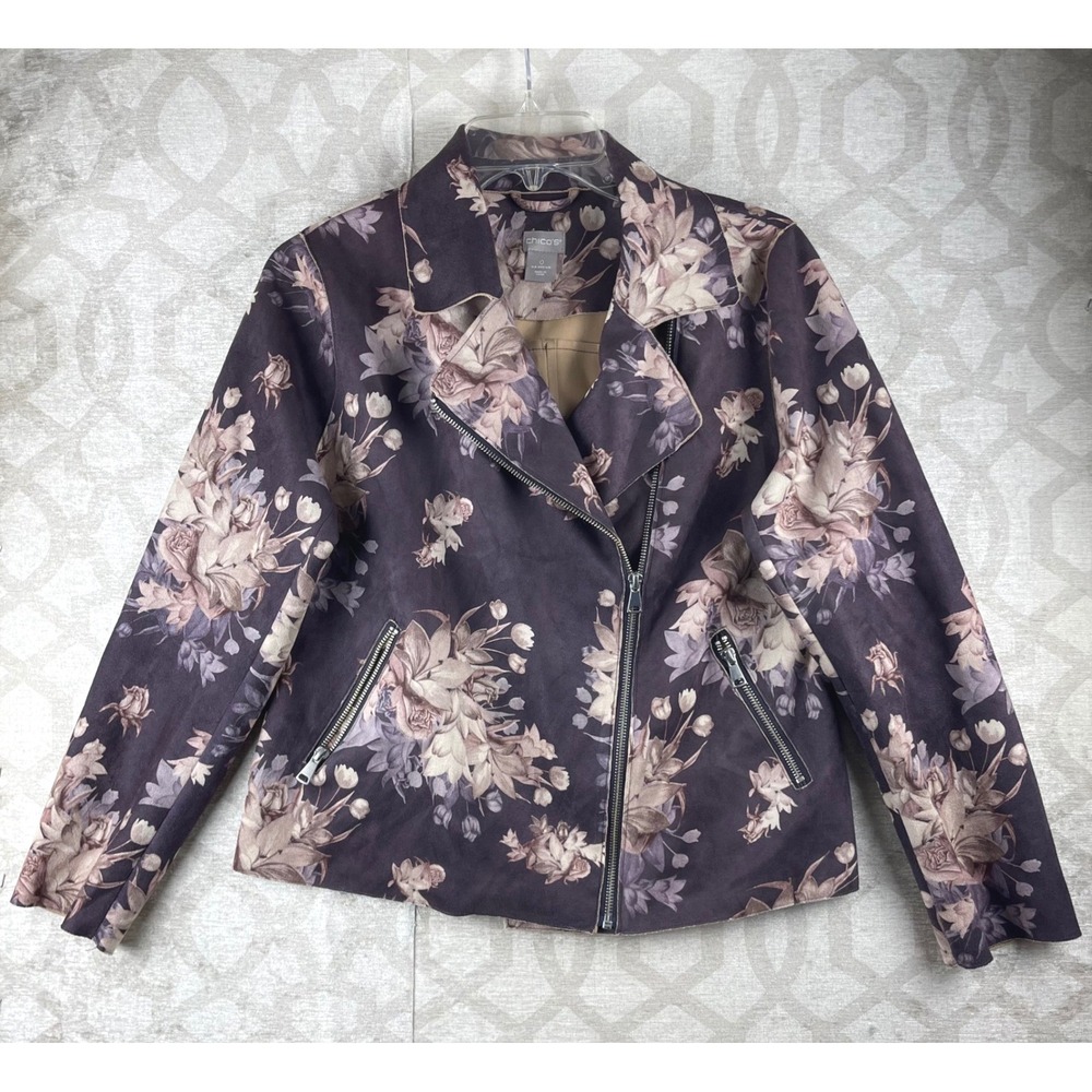 Chico's Floral Moto Jacket Womens 0 S Purple Faux Suede Asymmetric Zip Stretch